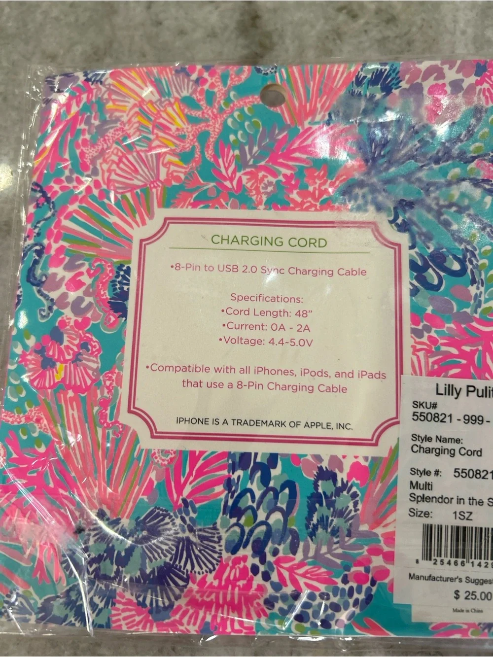 Lilly Pulitzer Splendor in the Sand-Print 8 Pin Charging Cable